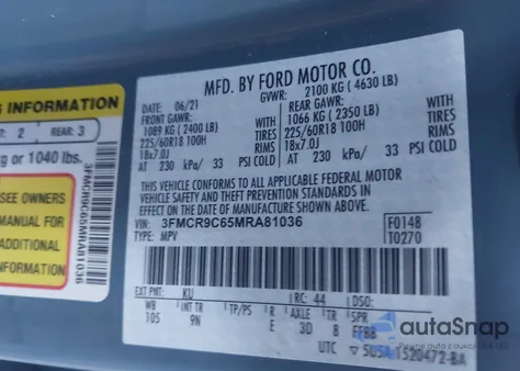 2021 Ford Bronco Sport Outer Banks z USA, uszkodzony, nr VIN 3FMCR9C65MRA81036